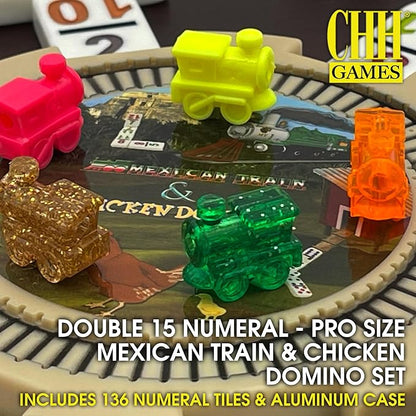 Double 15 Numeral Pro Size Mexican Train & Chicken Domino Set in Aluminum Case
