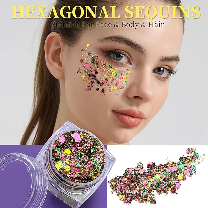 Teenitor Body Glitter Face Glitter, Gold Purple Green Mixed Festival Glitter, Hair Glitter Gel for Festival Rave