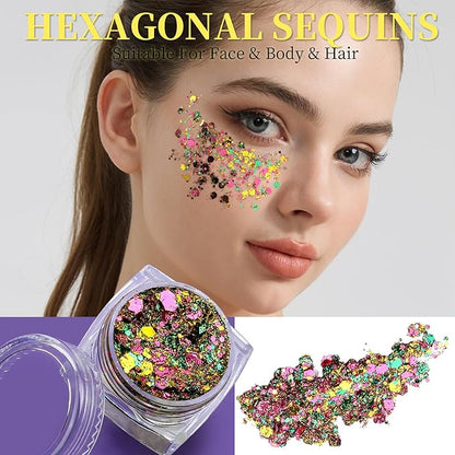 Teenitor Body Glitter Face Glitter, Gold Purple Green Mixed Festival Glitter, Hair Glitter Gel for Festival Rave