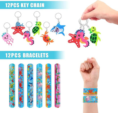 122 PCS Ocean Animal Party Favors Under the Sea Goodie Bags with Necklaces Stickers Slap Bracelets Button Pins and Bags for Sea Themed Birthday Party Supplies School Rewards (Ocean Animal)