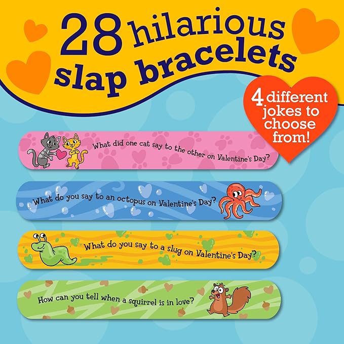 Peaceable Kingdom Valentines Cards for Kids Classroom, Set of 28 Valentines Day Gifts - Jokes Slap Bracelets