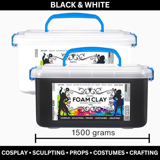Pixiss Black and White Modeling Foam Clay - Premium Foam Air Dry Clay Cosplay Foam for Costumes, 1500 Gram Sculpting Clay for Crafts - Flexible Air Drying Clay Foam (Black)