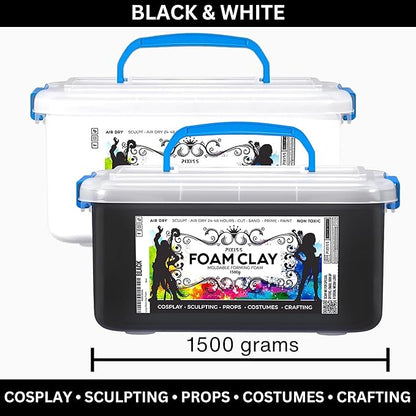 Pixiss Black and White Modeling Foam Clay - Premium Foam Air Dry Clay Cosplay Foam for Costumes, 1500 Gram Sculpting Clay for Crafts - Flexible Air Drying Clay Foam (Black)