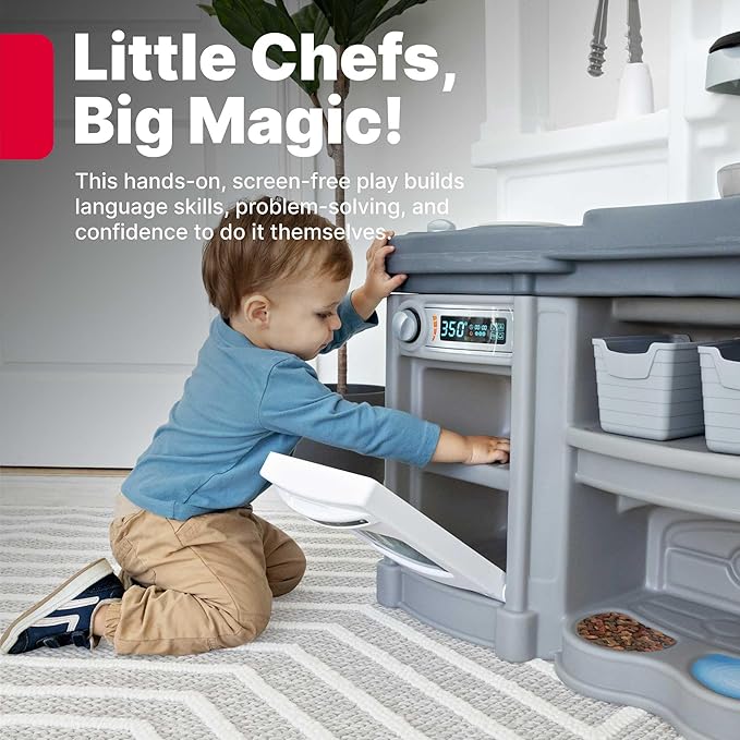 Step2 Fun with Friends Kids Kitchen Playset, Indoor/Outdoor Kitchenette with Lights & Sounds, Durable Plastic, 25-Piece Toy Accessories, Toddlers 2+ Years, Gray