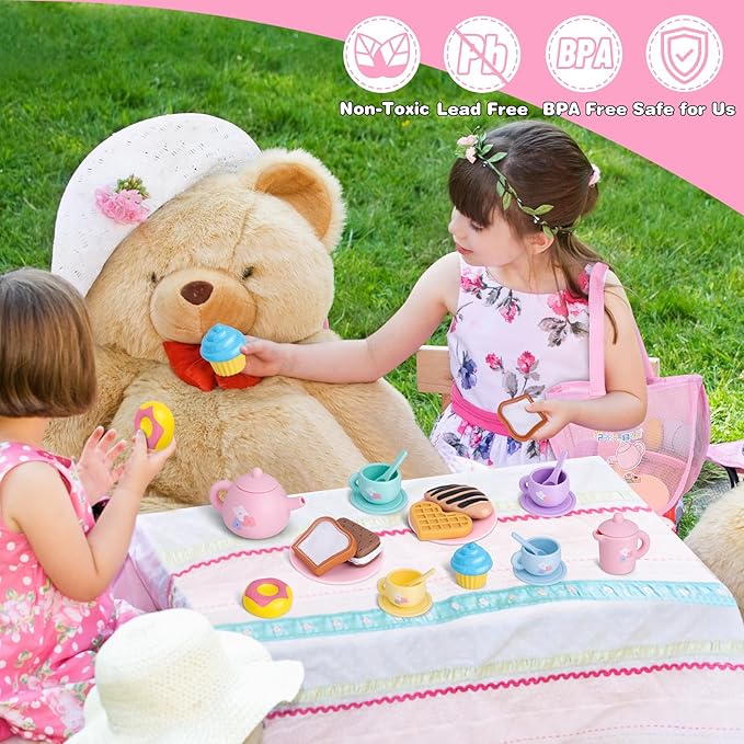 Silicone Tea Party Set for Little Girls,PRE-WORLD 25PCS Toys Toddler Tea Set with Play Food Dessert Cookies,Doughnut,Cake,Carrying Bag,Kids Kitchen Pretend Role Gifts for Girls Boys Age 3 4 5 6