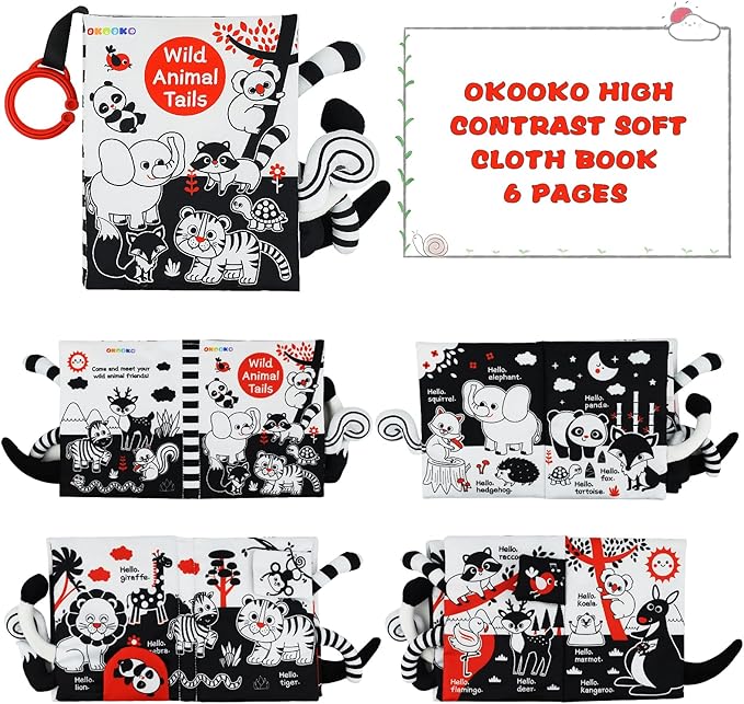 OKOOKO Soft Baby Book Black and White High Contrast Animals Tails Book Bath Book Montessori Sensory Stroller Toy Non-Toxic Crinkle Washable Early Education for Baby Infant Toddler