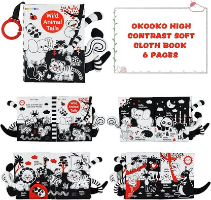 OKOOKO Soft Baby Book Black and White High Contrast Animals Tails Book Bath Book Montessori Sensory Stroller Toy Non-Toxic Crinkle Washable Early Education for Baby Infant Toddler