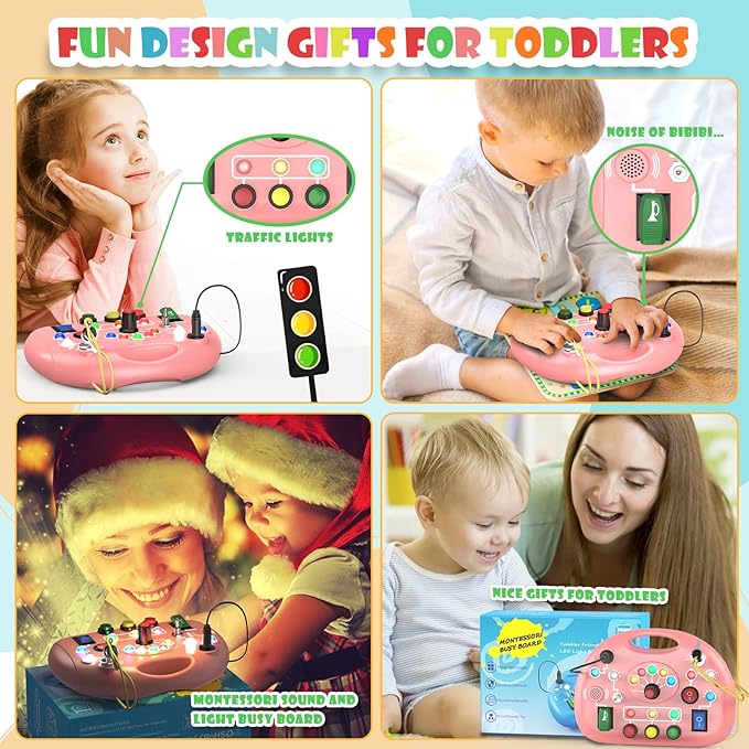 Montessori Busy Board with LED Light for Toddlers 2-4 Year Old, Sensory Toys with Sounds & Switches, Car Driving Travel Toys for Kids, Preschool Busy Book Boy and Girls Birthday Gifts (Pink)