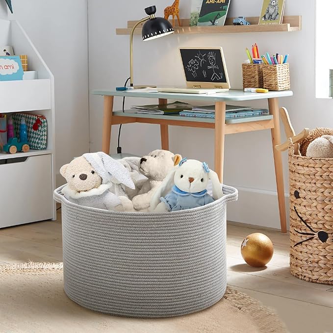 MEGASKET Extra Large Grey Storage Basket, 22" X 22" X 14" XXXL Blanket Basket for Living Room, Gray Wicker Woven Cotton Rope Baskets for Storage, Kids Toy Baskets Bins, Decorative Pillow Towel Basket