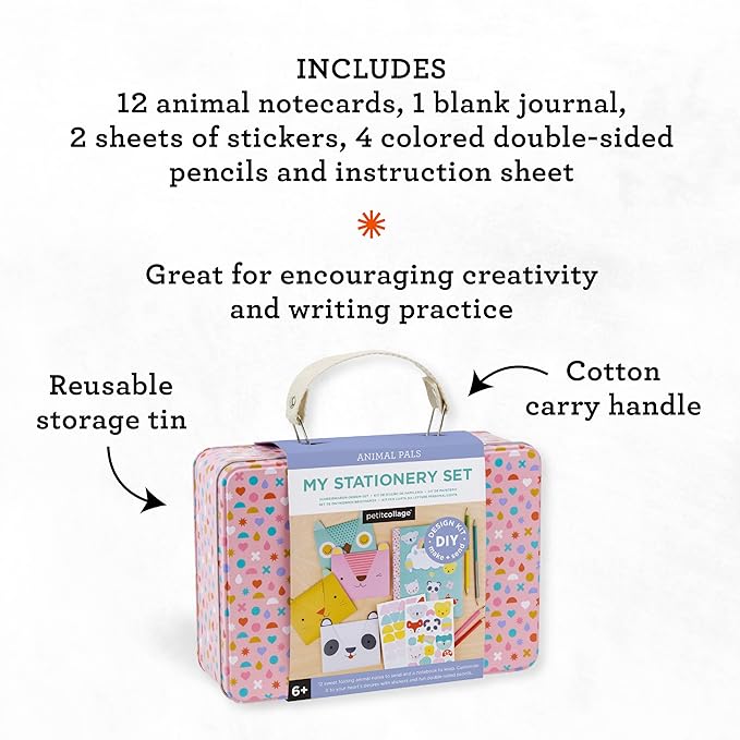 Petit Collage DIY Arts and Crafts Kit, Stationery Design – Craft Kit for Kids Includes 12 Animal Notecards, 1 Blank Journal, 2 Sticker Sheets, 4 Colored Double-Sided Pencils & Instructions