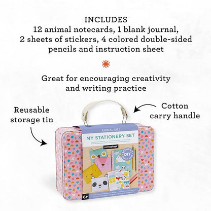 Petit Collage DIY Arts and Crafts Kit, Stationery Design – Craft Kit for Kids Includes 12 Animal Notecards, 1 Blank Journal, 2 Sticker Sheets, 4 Colored Double-Sided Pencils & Instructions
