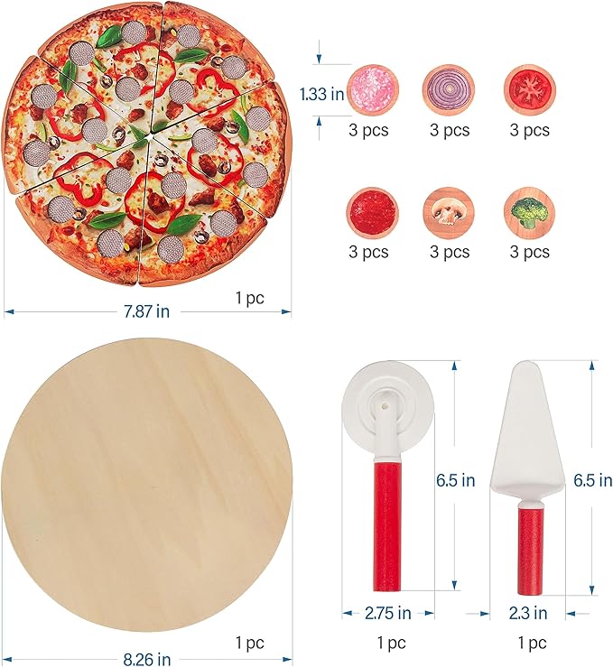 Cutting Play Food Toy for Kids Kitchen,Wooden Pizza Set Pretend Play Kitchen Accessories,Learning Toy Birthday Gifts for Boys Girls Toddlers (6 pcs Set)