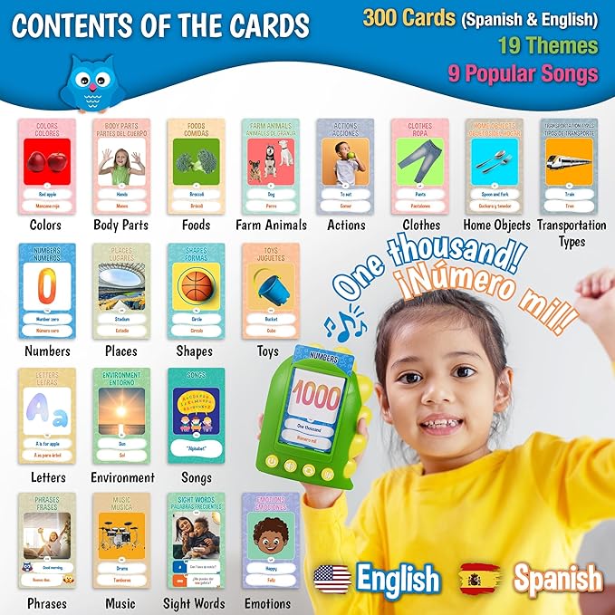 GUFINO Talking Flash Cards for Toddlers – 300 Fun and Interactive English & Spanish Flash Cards to Strengthen Cognitive Abilities & Boost Language Development – Learning Toys for Quality Family Time