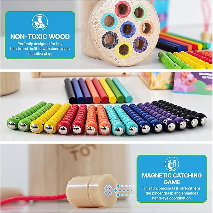 Montessori 3-in-1 Magnetic Fishing and Color Sorting Toys, Wooden Educational Toy for Ages 18 Months to 4 Years, Fine Motor Skills Learning Playset, Sensory Preschool for Toddlers, Boys, Girls