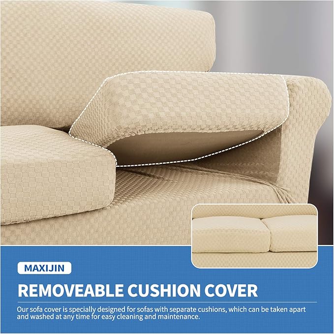 MAXIJIN 4 Piece Jacquard Extra Large Couch Covers for 3 Cushion Couch Super Stretch Non Slip Couch Cover for Dogs Pet Friendly Sofa Slipcover Furniture Protector (Oversized Sofa, Light Beige)