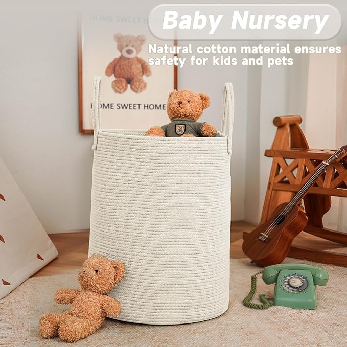 JMvicyroam Large Woven Laundry Basket Hamper,60L Cotton Rope Storage Bin for Blankets,Toys and Clothes,Decorative Tall Nursery Hamper for Living Room,Baby Nursery,Bathroom and Bedroom,White