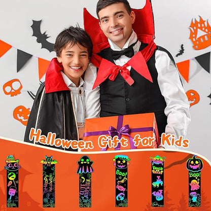 JUNEBRUSHS 30Pcs Halloween Scratch Bookmarks, Rainbow Magic Scratch Paper Art Pumpkin Bat Spider DIY Crafts Kit for School Classroom Activity Halloween Gifts