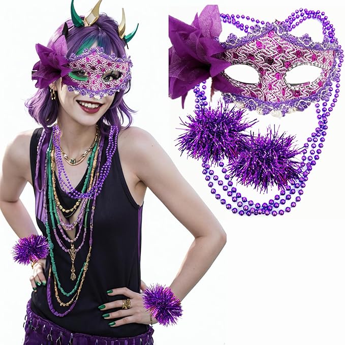 Qiandier 18pcs Mardi Gras Masks Bead Necklaces Bracelet Feathers Women Masquerade Party Mask Purple Green Gold