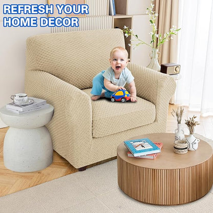 MAXIJIN 2 Piece Jacquard Chair Covers with Arms Super Stretch Non Slip Chair Slipcover for Living Room Dogs Pet Friendly Elastic Sofa Couch Protector Armchair Cover (Chair, Light Beige)