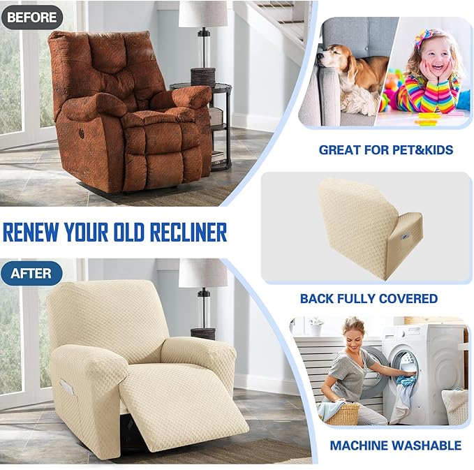 MAXIJIN Recliner Cover Slipcovers for Living Room 4 Pieces Stretch Jacquard Recliner Chair Cover Soft Fitted Recliner Protector with Elastic Bottom for Kids, Pets (Recliner, Light Beige)