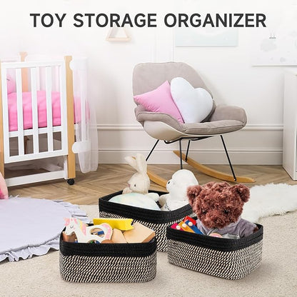 3-Pack Storage Baskets for Organizing | Woven Shelf Toy Basket | Rope Baskets for Gifts Empty | Closet Organizer Bins with Handles | Cube Decorative Box | 13.7×7.1×6.7” | Black Brown