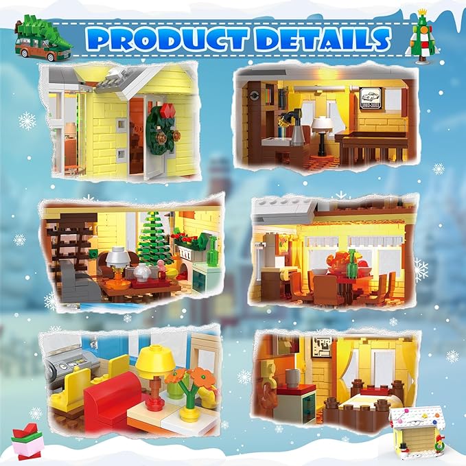 Snow Village Building Set,4 in 1 Christmas Vacation Holiday House&Cousin Eddie's RV&Picup Truck&Garage Building Blocks Model Kit Compatible with Lego for Child Adults(2056PCS)