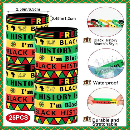 JUNEBRUSHS 50Pcs Black History Month Party Favors, Black History Slap Bracelets and Silicone Bracelets for Kids Adult Gifts Black History Month Wristbands Accessories Bulk for Black History Decoration