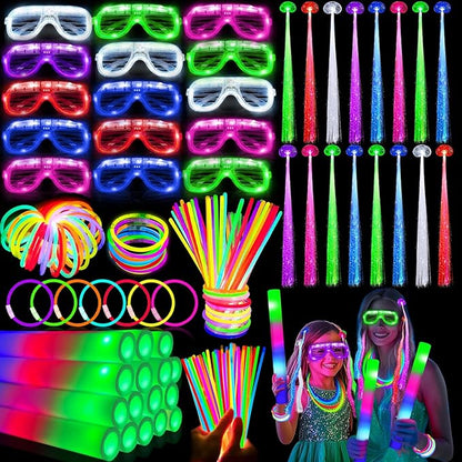 168 PCS Glow Party Supplies Light Up Party Favors with 16 Foam Glow Sticks, 16 LED　Glasses,120 Glow Sticks Bracelets and 16 LED Hair Clips Fiber Optic Neon Accessories for　Birthday, Wedding, Concert