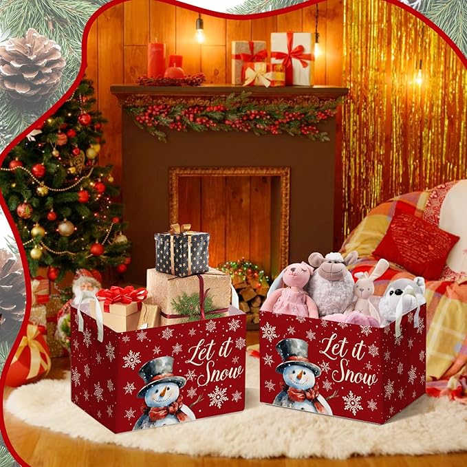 Merry Christmas Snowman Rectangular Basket,Waterproof Boxes with Handle, Toy Snowman Storage Box for Boys Girls, Merry Foldable Book Storage, Christmas Gifts Basket for Family, Christmas Party Decor