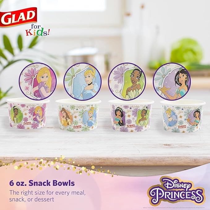 Glad for Kids Princess 6oz Paper Snack Bowls, Lids Not Included | Princess Paper Snack Bowls, Kids Snack Bowls | 6oz Paper Snack Bowls, 32 Count - 10 Pack