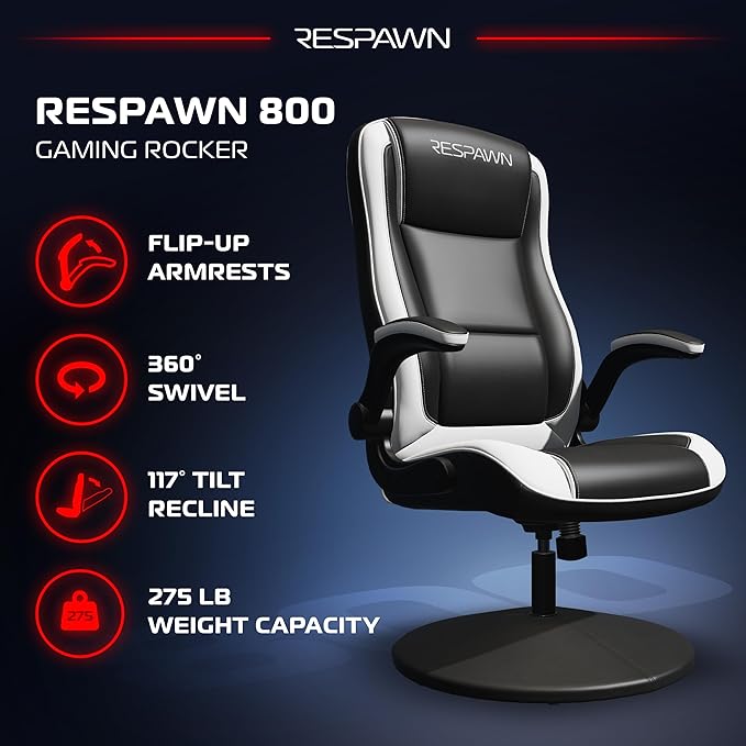 RESPAWN 800 Racing Style Gaming Rocker Chair, Rocking Gaming Chair, in White RSP 800 BLK WHT