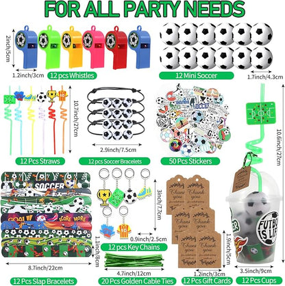 LiYiQ 158 Pcs Soccer Party Favors Soccer Party Supplies with Cup Straw Stress Ball Keychain Sticker Slaps Bracelets Whistle Thank You Tags for Soccer Birthday Decorations (Soccer)