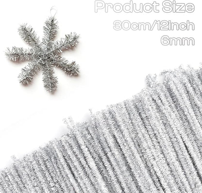 Caydo 200 Pieces Silver Pipe Cleaners Craft Chenille Stems for DIY Art Creative Crafts Party Decorations (12 Inch x 6 mm)