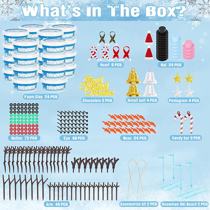 24 Pack Build a Snowman Kit, Christmas DIY Snowman Crafts for Kids Bulk, Snowman Kit Winter Decorations Indoor, Creative Kids Air Dry Clay Modeling Crafts Kit for Christmas Kids Gifts Favor Supplies