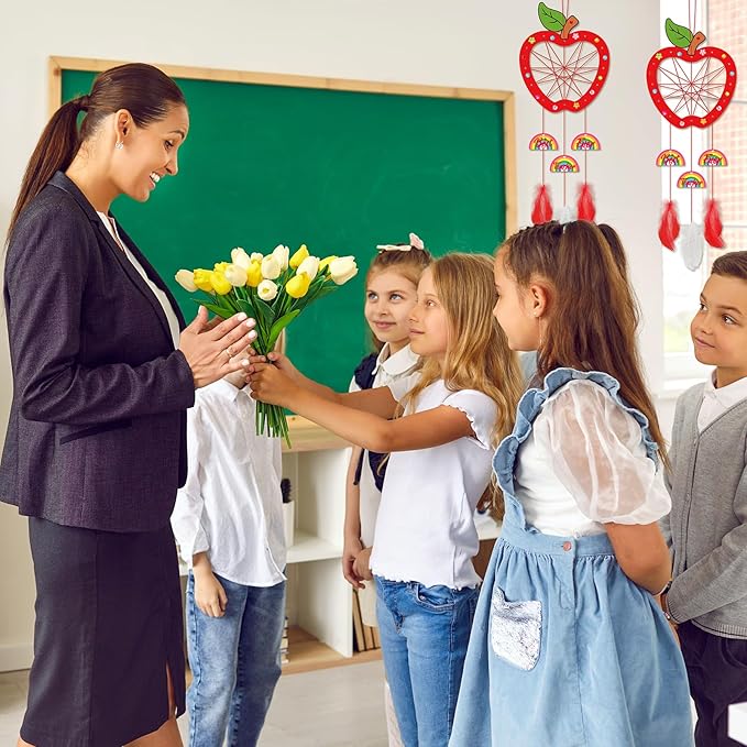 Fennoral 6 Pack Dream Catcher Craft Kit for Kids Paint You Own Apple with Rainbow Dreamcatcher DIY Coloring Wooden Art and Craft for Classroom Art Activity Teacher Appreciation Gifts