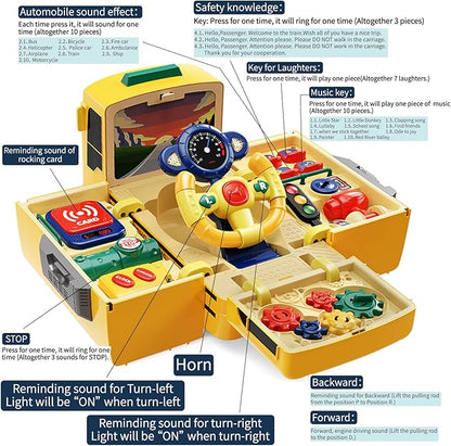 HONGTUO School Bus Toy with Sound and Light, Simulation Steering Wheel Gear Toy, Toddlers School Bus Toys with Music Education Knowledge Simulation Driving Bus Toys, Gift for 1-3-5 Boys & Girls