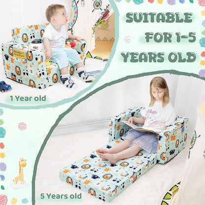 Kids Sofa, Comfy 2-in-1 Toddler Couch Fold Out, Convertible Sofa to Toddler Lounge Chair for Boys and Girls (Animal, Green)