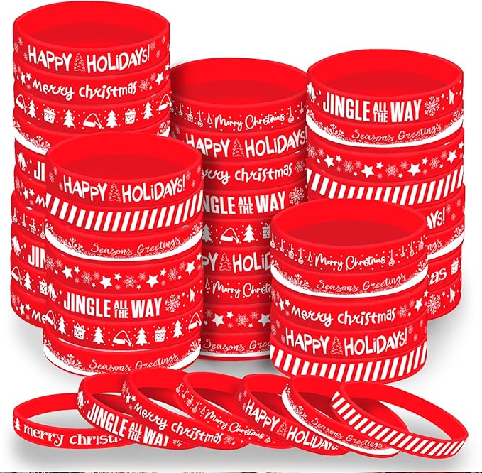 Morcheiong 42 Pieces Christmas Rubber Bracelets 7 Classic Design Silicone Wristbands for Merry Xmas Party Favors (Red)