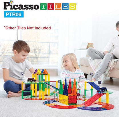 PicassoTiles 6 Piece Race Track Ramp Magnetic Building Block Set Magnet Tiles Construction Toy STEM Learning Kit Education Playset Playboard Pretend Play Stacking Blocks Child Brain Development PTR06
