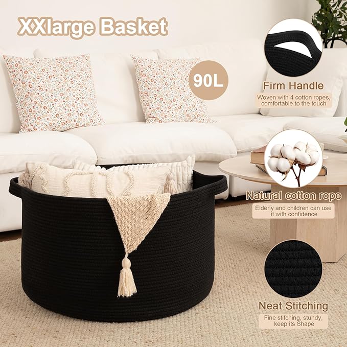 OIAHOMY 90L XXXLarge Blanket Basket for Living Room, 21.7" x 13.8" Woven Cotton Rope Laundry Basket for Organizing Pillows, Decorative Stuffed Animal Toy Storage Bin for Nursery, Black