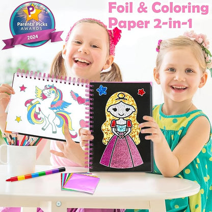 Foil Art Craft Activity for Kids: Fun DIY Toy Sticker Kit, No Mess Creative Travel Supply Set, Idea Birthday Easter Basket Stuffers Valentines Gift for Girl Boy Toddler 4 5 6 7 8 9 Year Old (Princess)