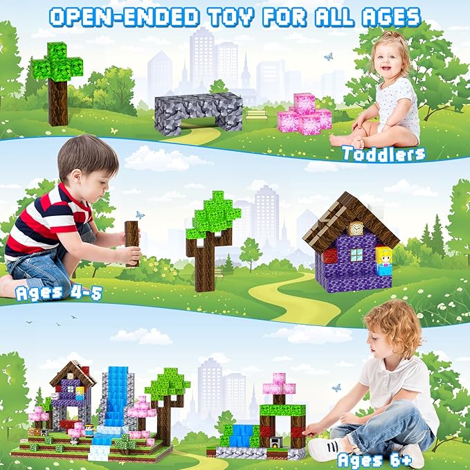 Magnetic Blocks, 108PCS Magnetic Building Blocks for Kids, STEM Build Magnetic Forest World Set for Toddler Birthday Xmas Gifts, Montessori Sensory Toys for Boys Girls Aged 3-12, 1" Magnetic Cubes