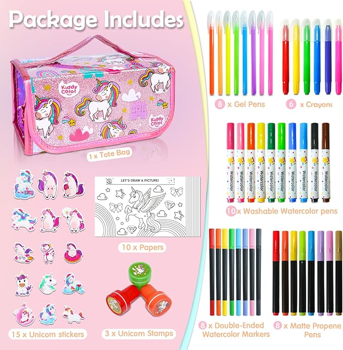 KIDDYCOLOR Unicorn Washable Markers Set 69 pcs with Glitter Pencil Case - Arts and Crafts Coloring Kit for Kids Ages 4-8, Includes Unicorn Stickers - Perfect Gifts for Girls