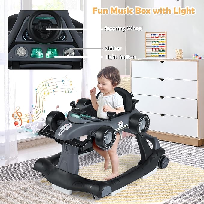 HONEY JOY 4-in-1 Baby Walker, Activity Push Walker w/3 Adjustable Heights, Smooth Wheels w/Adjustable Speed, Padded Seat, Music & Light, Foldable Car Walker for Baby Boys Girls Age 6 Months+ (Gray)
