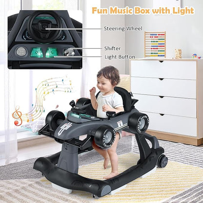 HONEY JOY 4-in-1 Baby Walker, Activity Push Walker w/3 Adjustable Heights, Smooth Wheels w/Adjustable Speed, Padded Seat, Music & Light, Foldable Car Walker for Baby Boys Girls Age 6 Months+ (Gray)