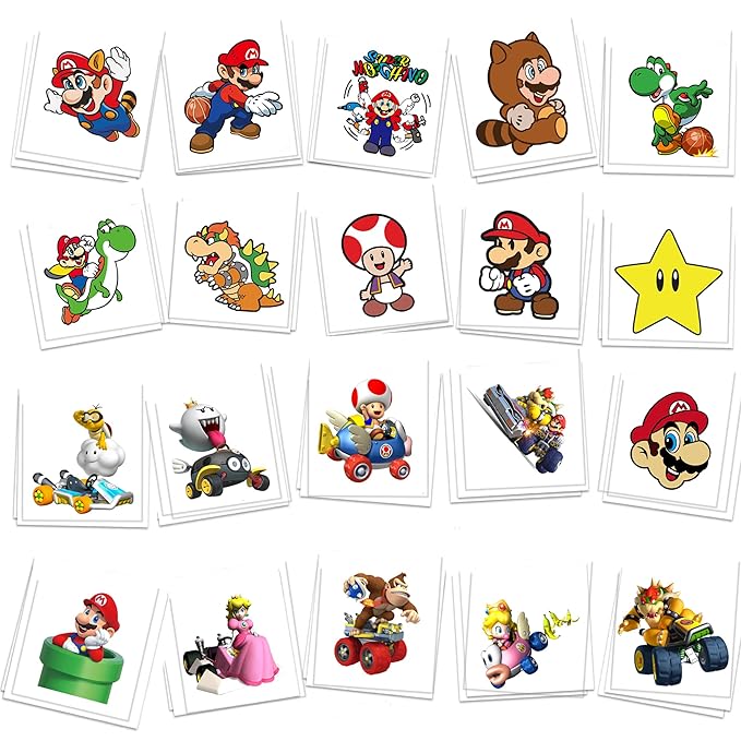 60 Pcs Cartoon Temporary Tattoos for Kids, Children's Temporary Tattoo Toys, DIY Sticker Arts, Mario Birthday Party Supplies Decorations Party Favors
