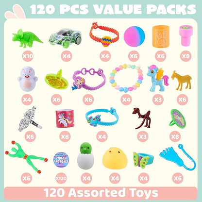 JOYIN 120 Pcs Prefilled Easter Eggs with Novelty Toys and Plus Stickers Inside, Plastic Easter Eggs Fillers, Basket Stuffers Egg Hunt Supplies, Theme Party Favor