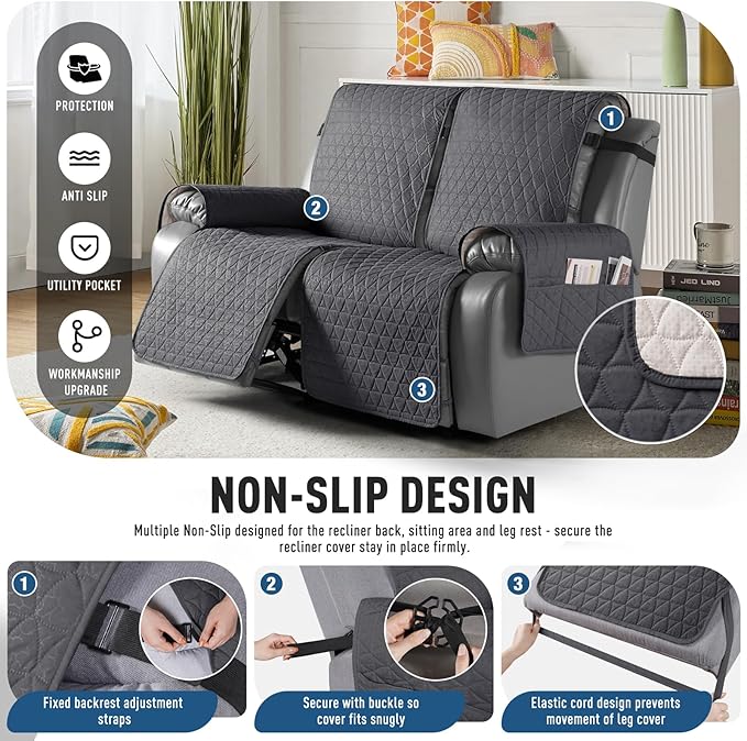TAOCOCO 100% Waterproof Loveseat Recliner Cover-Recliner Cover with Non-Slip Granule, Recliner Chair Covers with Elastic Band,Washable Recliner Chair/Protector for Pets(Black Gray, 2 Seater)