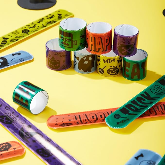 JOYIN 72 Pcs Halloween Slap Bracelets, Reflective Slap Bracelets Bulk for Kids Gifts, Friendship Bracelets for Halloween Goodie Bag Fillers, Halloween Party Favors School Classroom Game Prizes