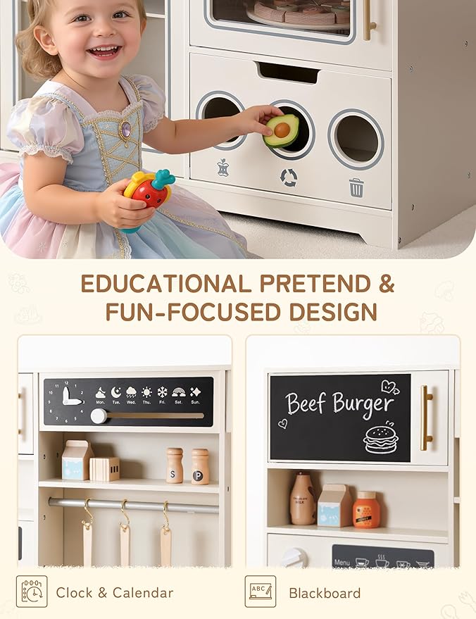 besrey Play Kitchen for Kids, Wooden Kids Play Kitchen Playset with Real Lights & Sounds, Toddler Toy Kitchen with Fun Cookware Accessories, Pretend Play Kitchen Gift for Age 3+